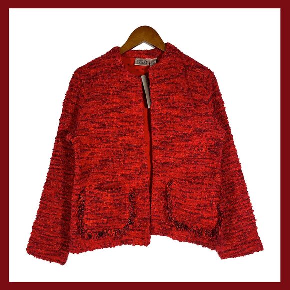 NWT Chico’s Design Red Boucle Blazer Jacket Nubby Fringe Bright Size Small 4 - Picture 1 of 11